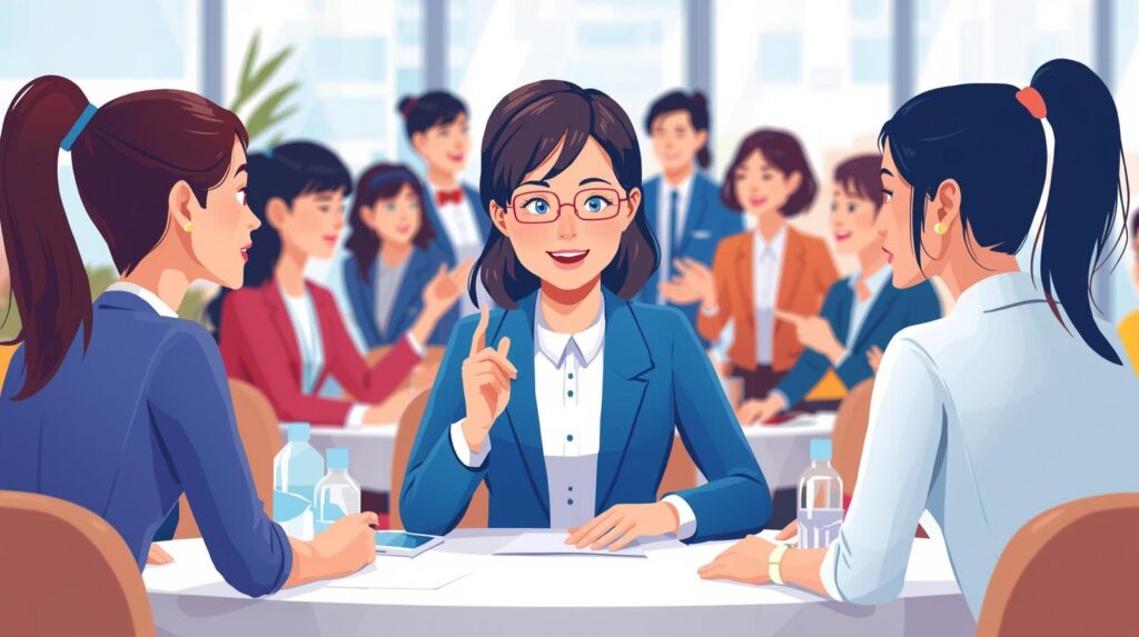 a scene of a conference, active participation, co orparative environment of people, should be animated like clipart