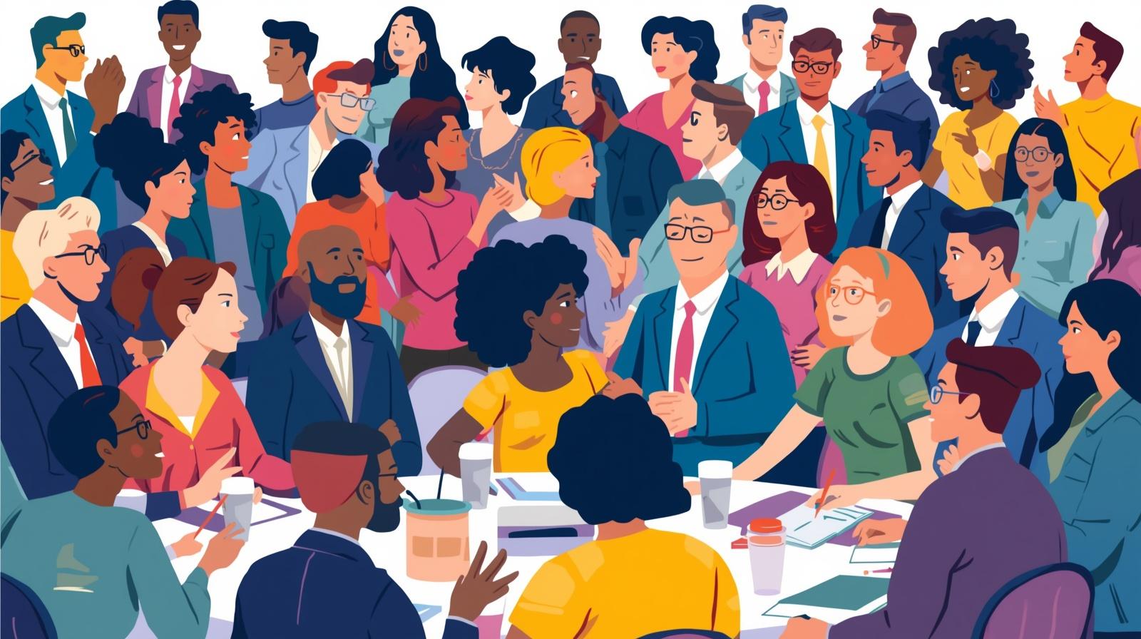 a scene of a conference, active participation, co orparative environment of people, should be animated like clipart(2)