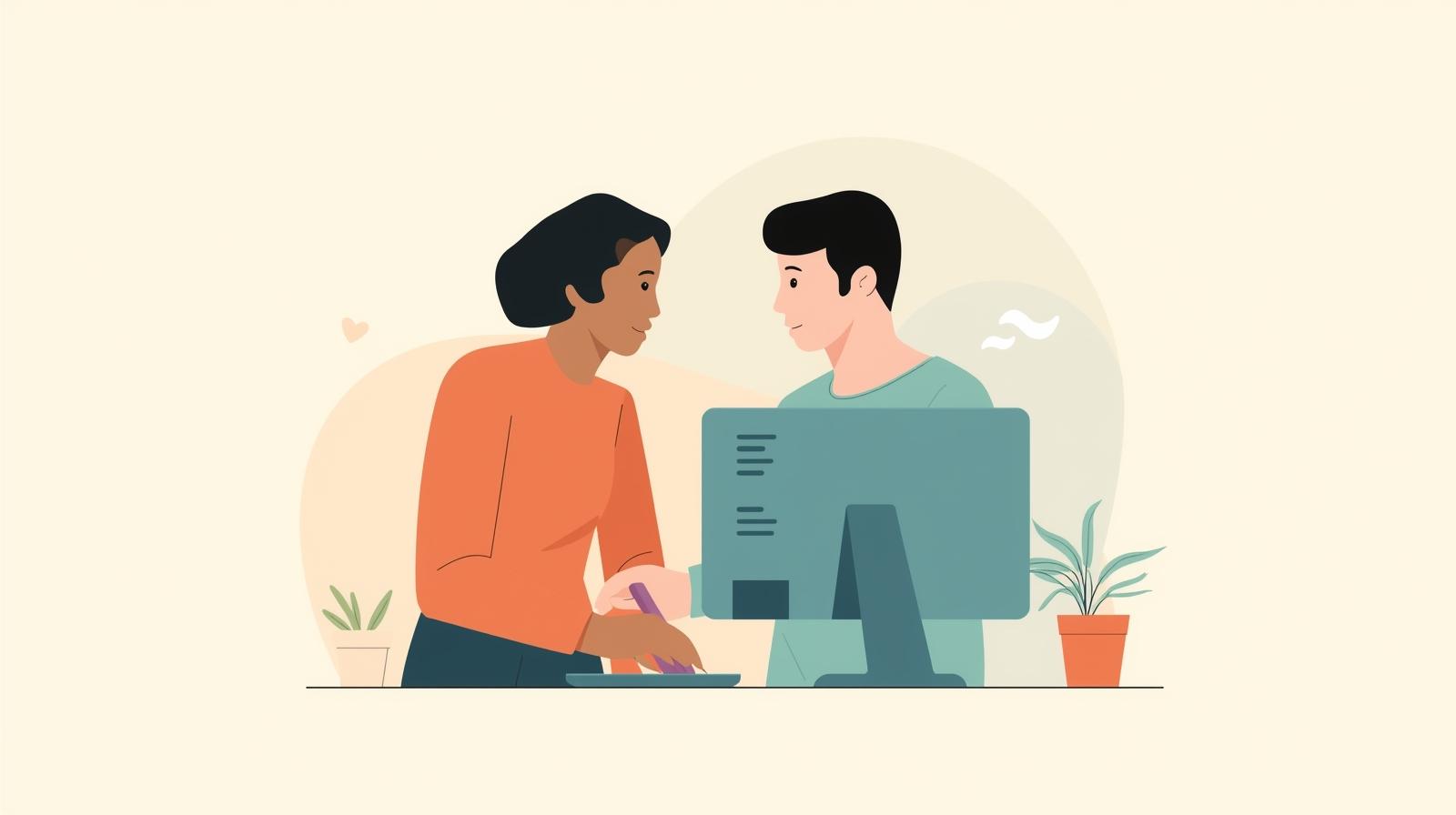 clipart of two people working on a project on desktop